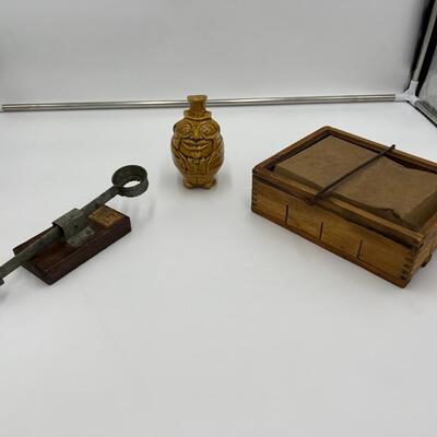 Antique Lot of 3 Egg Related Collectibles incl Primitive Egg Carrier Egg Scale and Humpty Dumpty