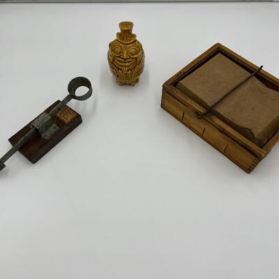 Antique Lot of 3 Egg Related Collectibles incl Primitive Egg Carrier Egg Scale and Humpty Dumpty