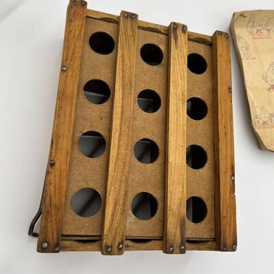Antique Lot of 3 Egg Related Collectibles incl Primitive Egg Carrier Egg Scale and Humpty Dumpty
