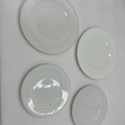 Lot of 6 Mid Century Milk Glass Sunkist Juicers in White and Jadeite Green and Beaded Edge Plates
