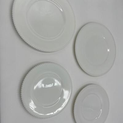 Lot of 6 Mid Century Milk Glass Sunkist Juicers in White and Jadeite Green and Beaded Edge Plates