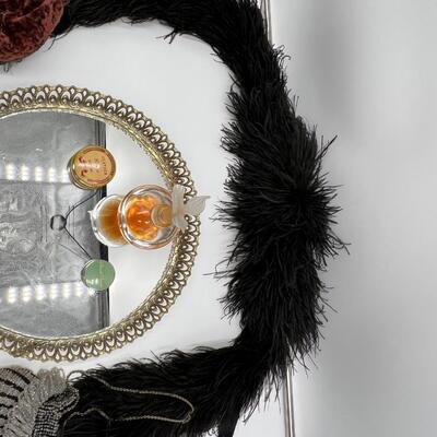 Vintage Lot of Antique Beaded Handbags, Pouches, Gloves, Garter Belts, Black Feather Boa, Perfume, and Cosmetics