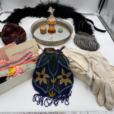 Vintage Lot of Antique Beaded Handbags, Pouches, Gloves, Garter Belts, Black Feather Boa, Perfume, and Cosmetics