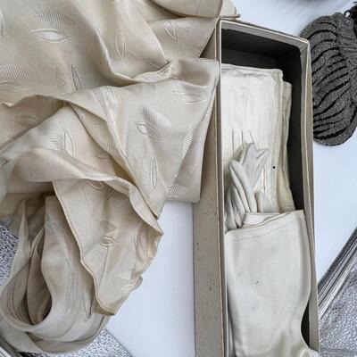 Vintage Lot of Antique Beaded Handbags, Pouches, Gloves, Garter Belts, Black Feather Boa, Perfume, and Cosmetics