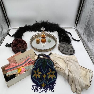Vintage Lot of Antique Beaded Handbags, Pouches, Gloves, Garter Belts, Black Feather Boa, Perfume, and Cosmetics
