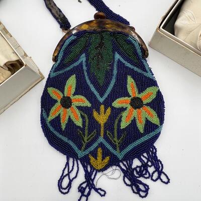 Vintage Lot of Antique Beaded Handbags, Pouches, Gloves, Garter Belts, Black Feather Boa, Perfume, and Cosmetics