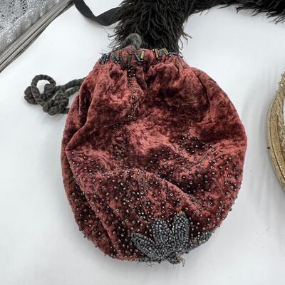 Vintage Lot of Antique Beaded Handbags, Pouches, Gloves, Garter Belts, Black Feather Boa, Perfume, and Cosmetics