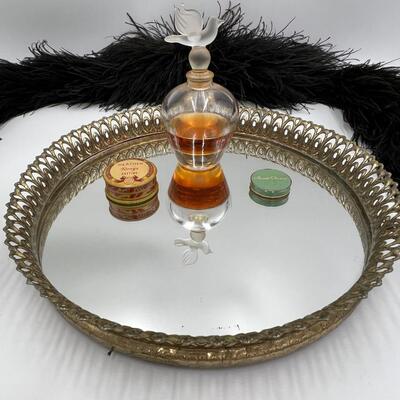 Vintage Lot of Antique Beaded Handbags, Pouches, Gloves, Garter Belts, Black Feather Boa, Perfume, and Cosmetics
