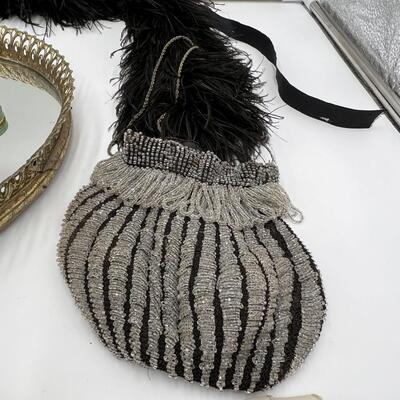 Vintage Lot of Antique Beaded Handbags, Pouches, Gloves, Garter Belts, Black Feather Boa, Perfume, and Cosmetics