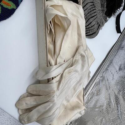 Vintage Lot of Antique Beaded Handbags, Pouches, Gloves, Garter Belts, Black Feather Boa, Perfume, and Cosmetics