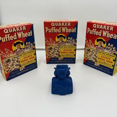 Vintage Lot of 3 1950s Quaker Puffed Wheat Boxes and Quaker Coin Bank