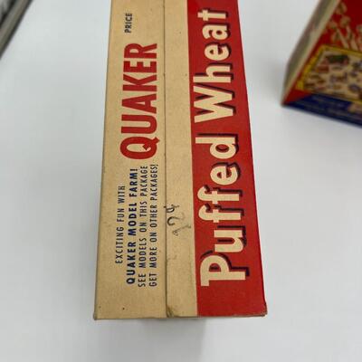 Vintage Lot of 3 1950s Quaker Puffed Wheat Boxes and Quaker Coin Bank