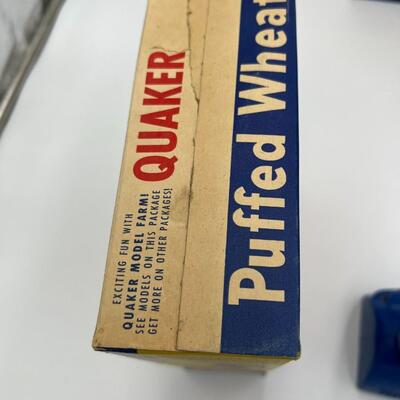 Vintage Lot of 3 1950s Quaker Puffed Wheat Boxes and Quaker Coin Bank