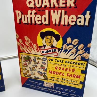 Vintage Lot of 3 1950s Quaker Puffed Wheat Boxes and Quaker Coin Bank