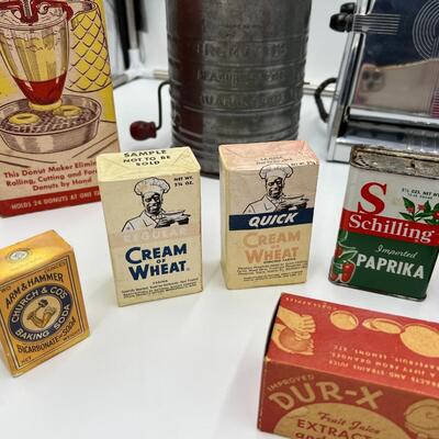 Large Lot of Antique Baking Related Ephemera, Boxes, Tins, Spices, Toaster, and Tools