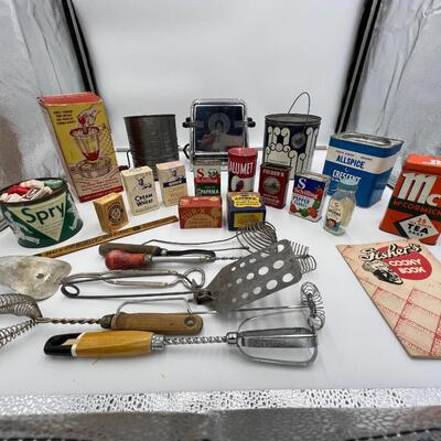 Large Lot of Antique Baking Related Ephemera, Boxes, Tins, Spices, Toaster, and Tools