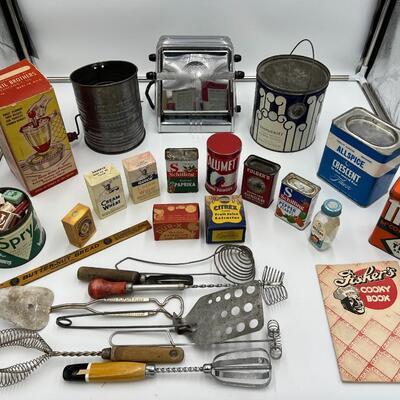 Large Lot of Antique Baking Related Ephemera, Boxes, Tins, Spices, Toaster, and Tools