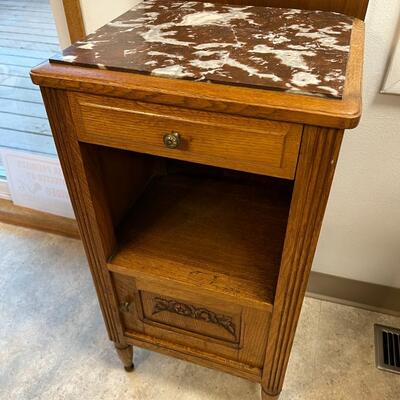 Antique Marble Top and Oak Side Cabinet