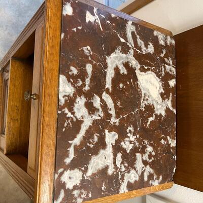 Antique Marble Top and Oak Side Cabinet