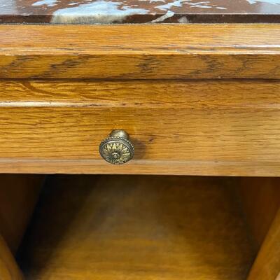 Antique Marble Top and Oak Side Cabinet