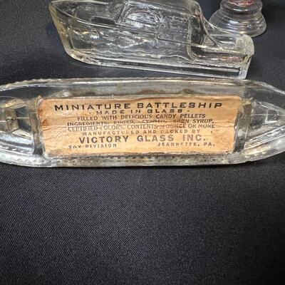 Lot of 16 Antique Glass Candy Jars Shaped Like Cars, Tank, Planes, Boats, Train, Guns, Telephone, and Lanterns