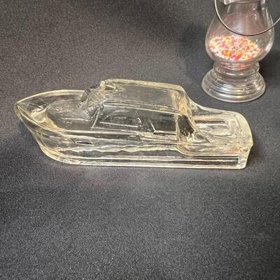 Lot of 16 Antique Glass Candy Jars Shaped Like Cars, Tank, Planes, Boats, Train, Guns, Telephone, and Lanterns