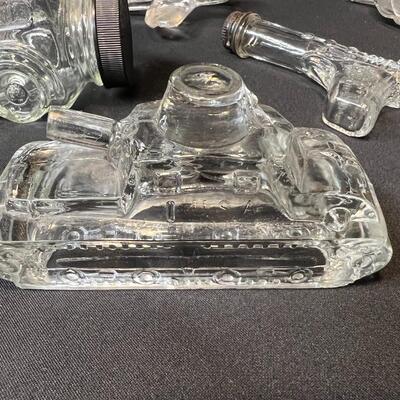 Lot of 16 Antique Glass Candy Jars Shaped Like Cars, Tank, Planes, Boats, Train, Guns, Telephone, and Lanterns