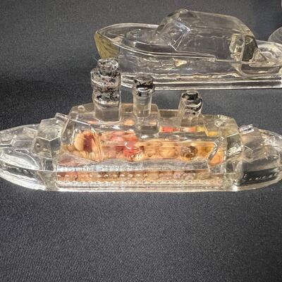 Lot of 16 Antique Glass Candy Jars Shaped Like Cars, Tank, Planes, Boats, Train, Guns, Telephone, and Lanterns