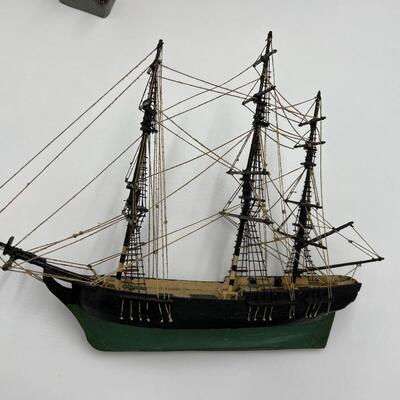 Lot of Antique Wood Display Tug Boat Sailing Ship Engine Order Telegraph and Cast Iron Captain