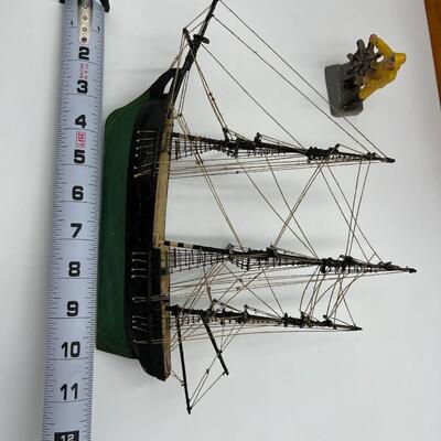 Lot of Antique Wood Display Tug Boat Sailing Ship Engine Order Telegraph and Cast Iron Captain