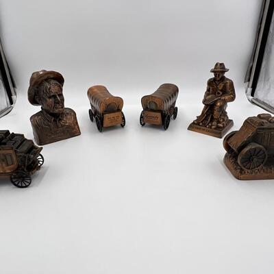 Lot of 6 Vintage Metal Banks of Gold Miners Pioneers and Wagons