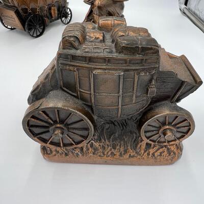Lot of 6 Vintage Metal Banks of Gold Miners Pioneers and Wagons