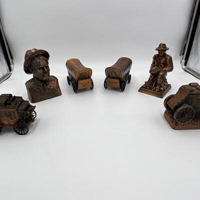 Lot of 6 Vintage Metal Banks of Gold Miners Pioneers and Wagons