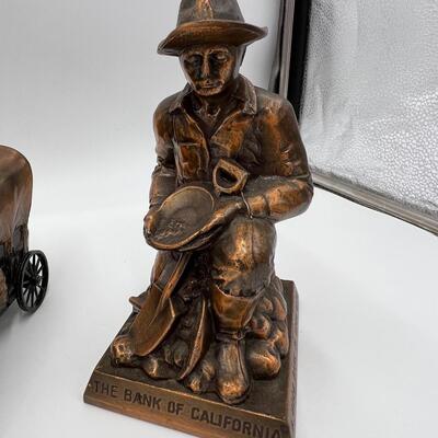 Lot of 6 Vintage Metal Banks of Gold Miners Pioneers and Wagons