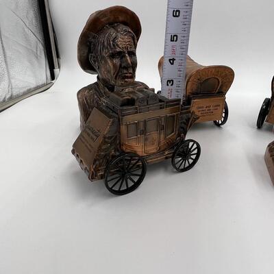 Lot of 6 Vintage Metal Banks of Gold Miners Pioneers and Wagons