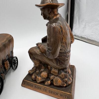 Lot of 6 Vintage Metal Banks of Gold Miners Pioneers and Wagons