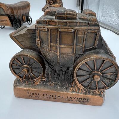 Lot of 6 Vintage Metal Banks of Gold Miners Pioneers and Wagons