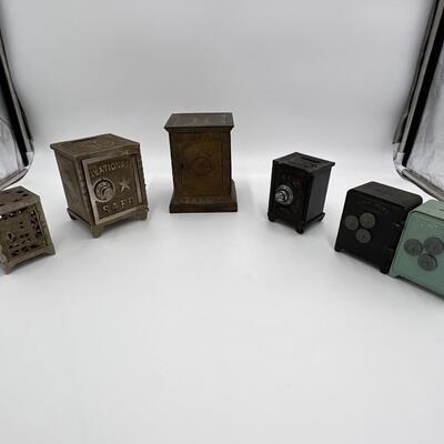 Premium Lot of 6 Antique Cast Iron Coin Banks Safes