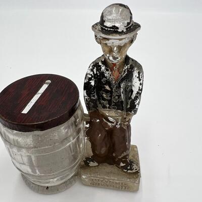 Circa 1910 Antique Charlie Chaplin and Barrel Glass Coin Bank