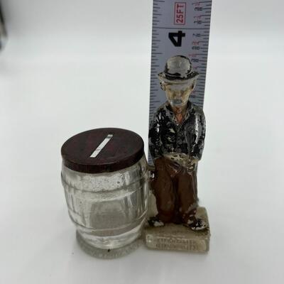 Circa 1910 Antique Charlie Chaplin and Barrel Glass Coin Bank