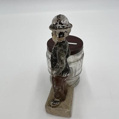 Circa 1910 Antique Charlie Chaplin and Barrel Glass Coin Bank