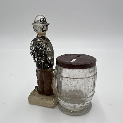 Circa 1910 Antique Charlie Chaplin and Barrel Glass Coin Bank