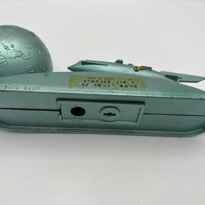 Rare Vintage Strato Mechanical Coin Bank of Rocket Ship and Moon