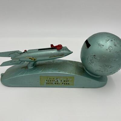 Rare Vintage Strato Mechanical Coin Bank of Rocket Ship and Moon