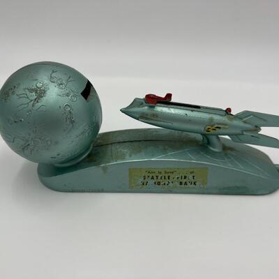 Rare Vintage Strato Mechanical Coin Bank of Rocket Ship and Moon