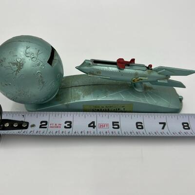 Rare Vintage Strato Mechanical Coin Bank of Rocket Ship and Moon