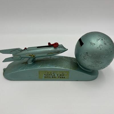 Rare Vintage Strato Mechanical Coin Bank of Rocket Ship and Moon