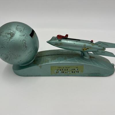 Rare Vintage Strato Mechanical Coin Bank of Rocket Ship and Moon