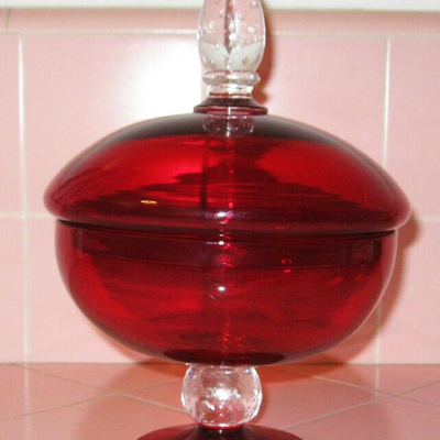 MS Mid Century Modern Red Art Glass Covered Candy Dish Controlled Bubbles