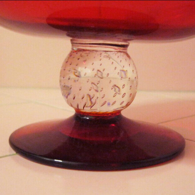 MS Mid Century Modern Red Art Glass Covered Candy Dish Controlled Bubbles